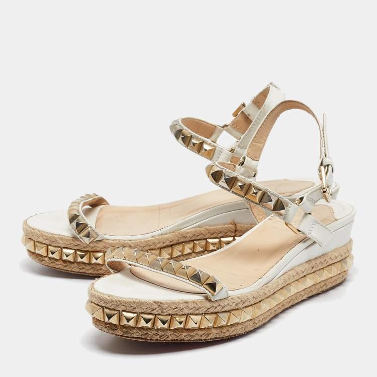 Pre Owned Christian Louboutin White Leather Pyraclou Spike Espadrilles Sandals Size 39