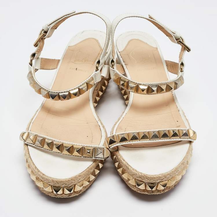 Pre Owned Christian Louboutin White Leather Pyraclou Spike Espadrilles Sandals Size 39
