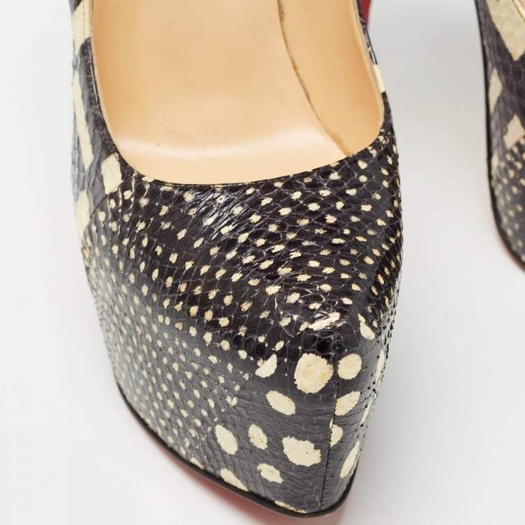 Pre Owned Christian Louboutin Black/White Printed Snakeskin Lady Daf Pumps Size 37