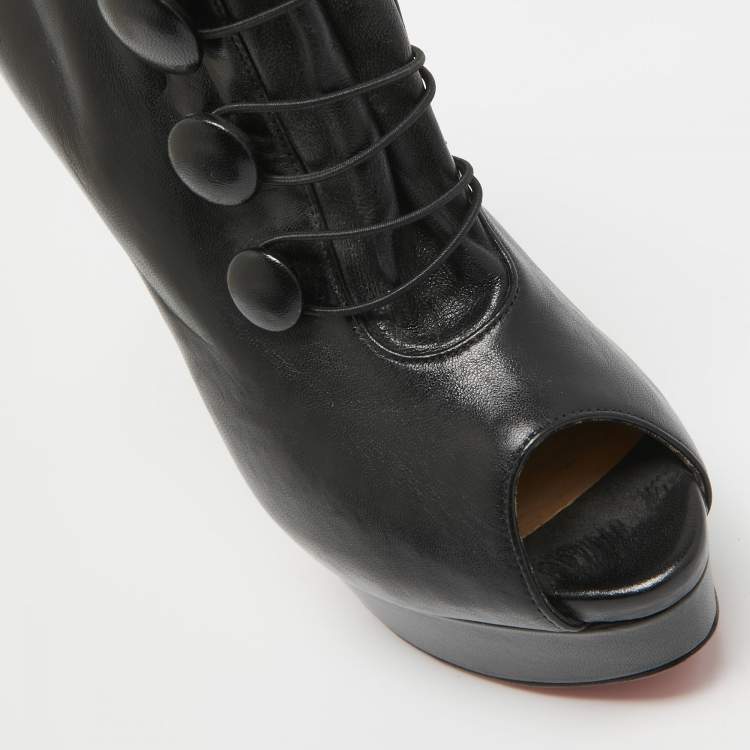 Pre Owned Christian Louboutin Black Leather Alta Bouton Booties Size 35