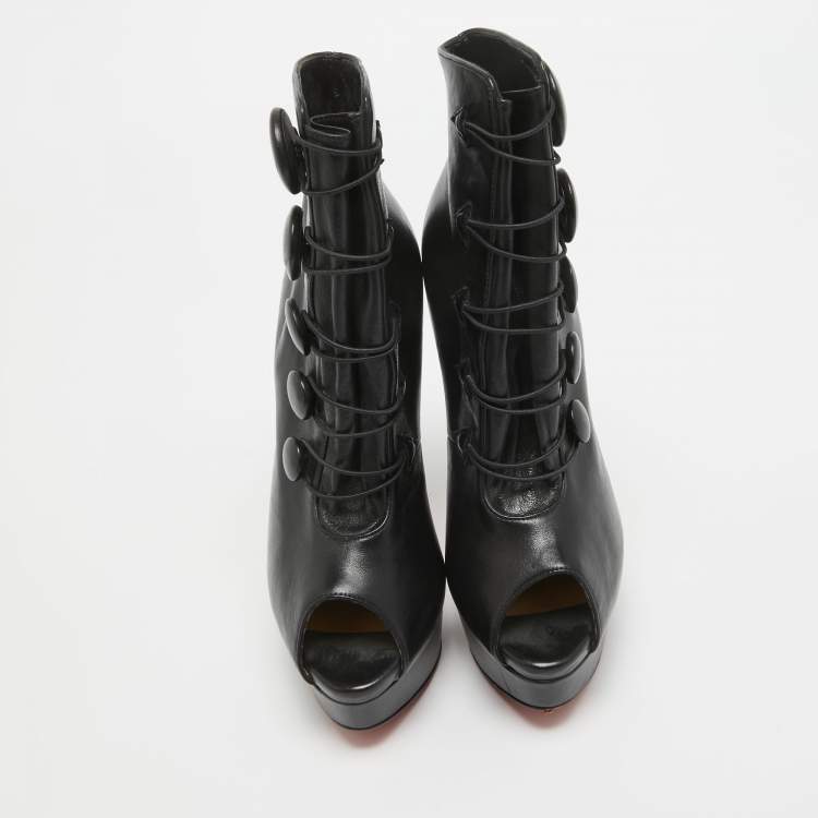 Pre Owned Christian Louboutin Black Leather Alta Bouton Booties Size 35