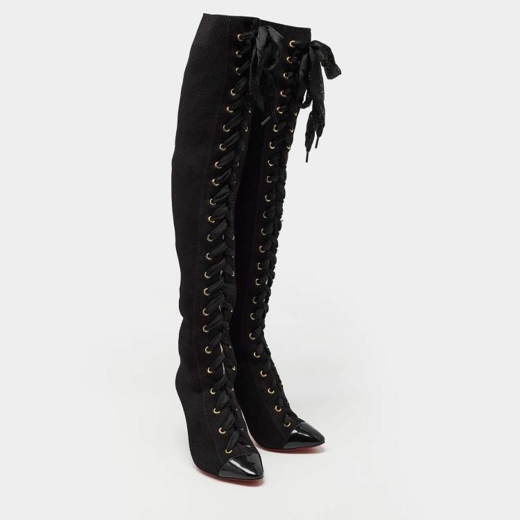 Pre Owned Christian Louboutin Black Knit Fabric Ronfifi Supra Sock Boots Size 34