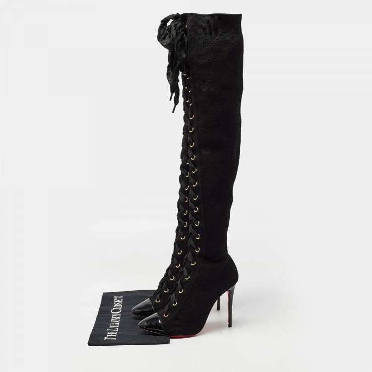 Pre Owned Christian Louboutin Black Knit Fabric Ronfifi Supra Sock Boots Size 34