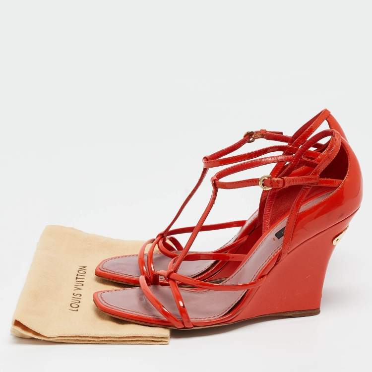 Pre Owned Louis Vuitton Orange Patent Leather Strappy Wedge Sandals Size 37.5