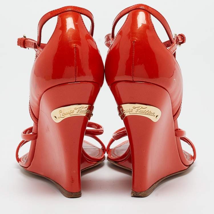 Pre Owned Louis Vuitton Orange Patent Leather Strappy Wedge Sandals Size 37.5