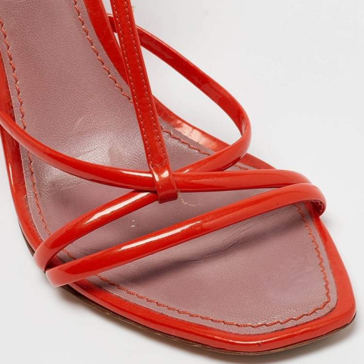 Pre Owned Louis Vuitton Orange Patent Leather Strappy Wedge Sandals Size 37.5