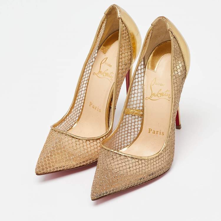 Christian Louboutin Gold Glitter Mesh and Leather Fishnet Pointed Toe Pumps Size 36 Christian Louboutin TLC