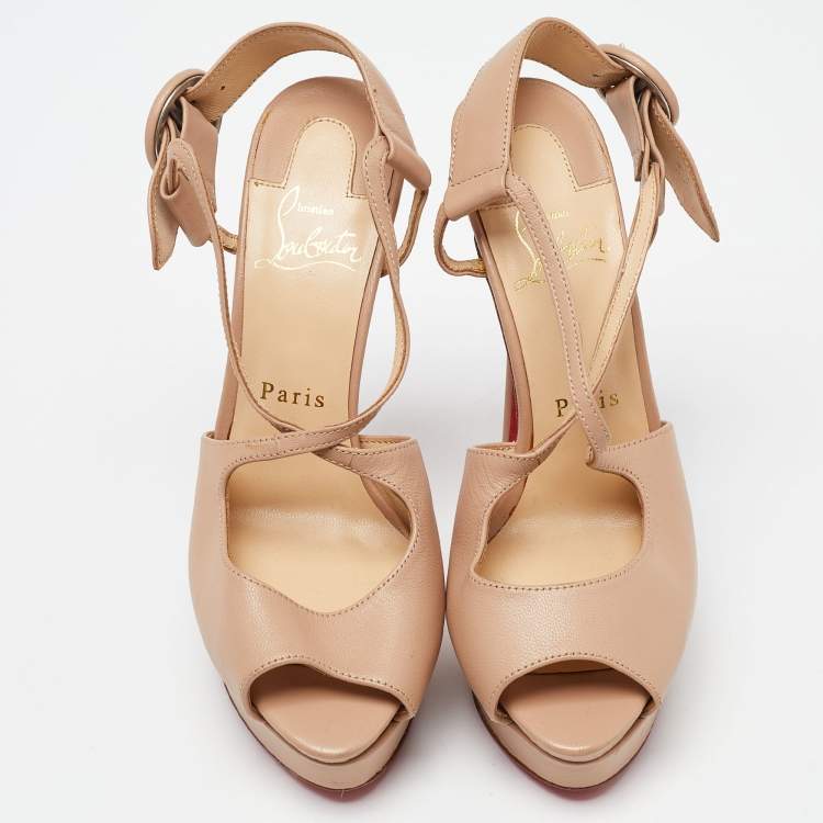 Pre Owned Christian Louboutin Beige Leather Cross Me Crisscross Platform Sandals Size 36