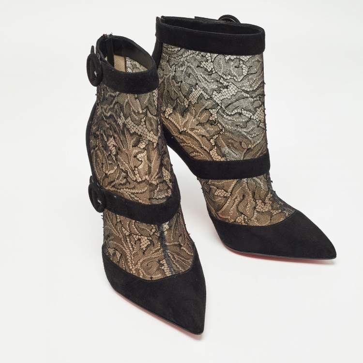 Pre Owned Christian Louboutin Black Suede and Lace Boteboot Booties Size 39.5