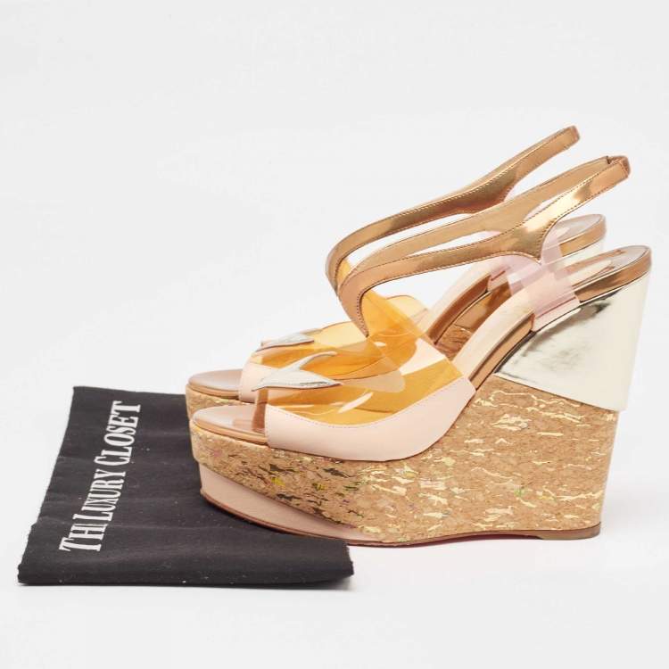 Pre Owned Christian Louboutin Multicolor PVC and Leather Wedge Slingback Sandals Size 39