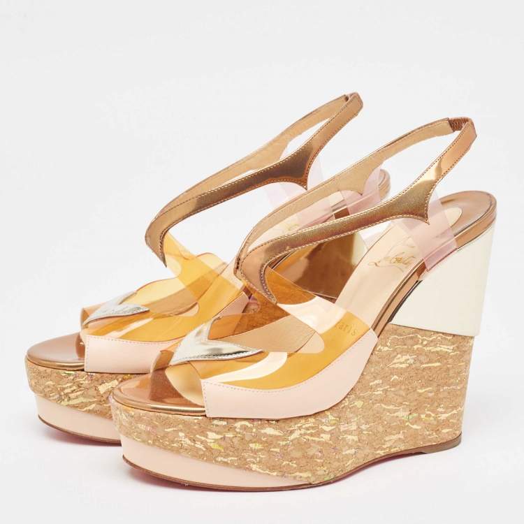 Pre Owned Christian Louboutin Multicolor PVC and Leather Wedge Slingback Sandals Size 39