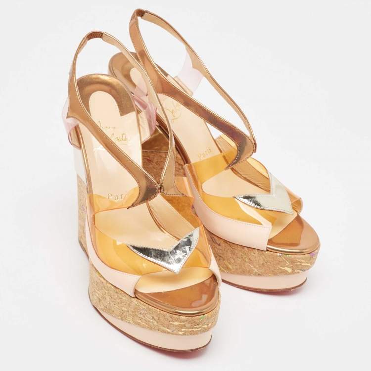 Pre Owned Christian Louboutin Multicolor PVC and Leather Wedge Slingback Sandals Size 39