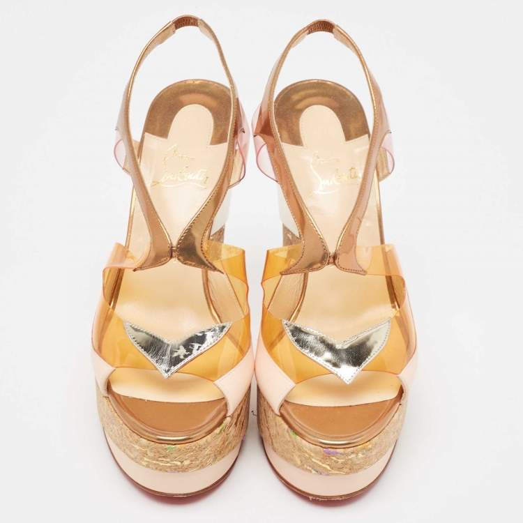 Pre Owned Christian Louboutin Multicolor PVC and Leather Wedge Slingback Sandals Size 39