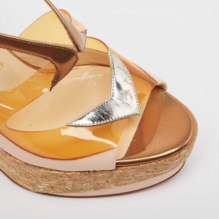 Pre Owned Christian Louboutin Multicolor PVC and Leather Wedge Slingback Sandals Size 39