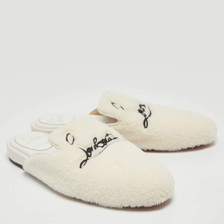 Pre Owned Christian Louboutin White Fur Coolito Donna Flat Mules Size 39.5