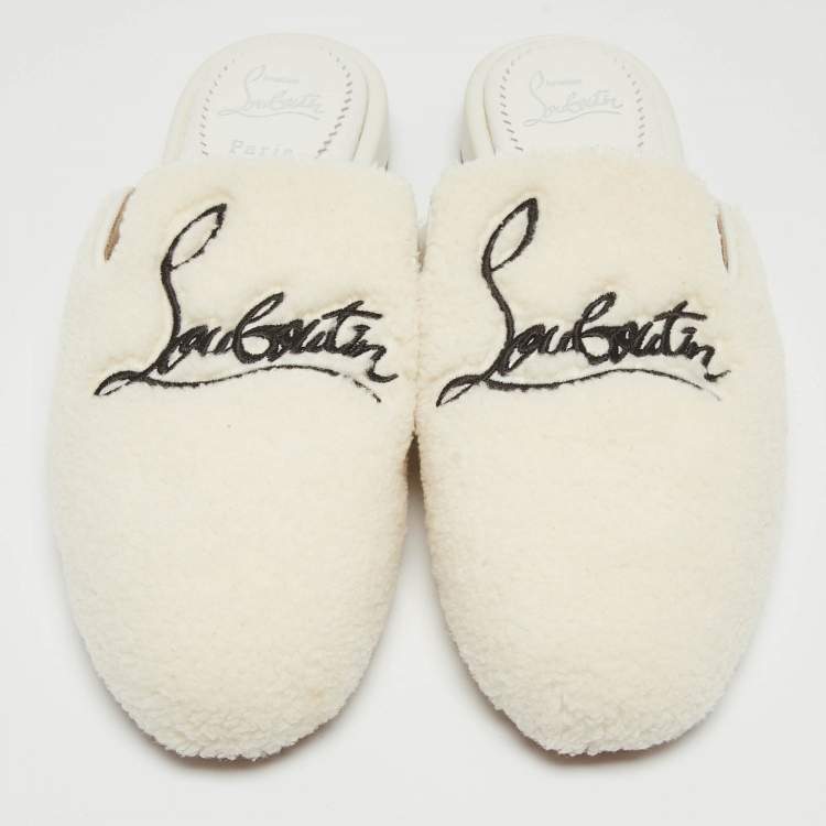 Pre Owned Christian Louboutin White Fur Coolito Donna Flat Mules Size 39.5