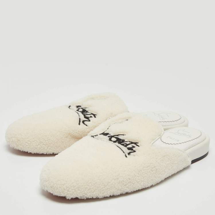 Pre Owned Christian Louboutin White Fur Coolito Donna Flat Mules Size 39.5