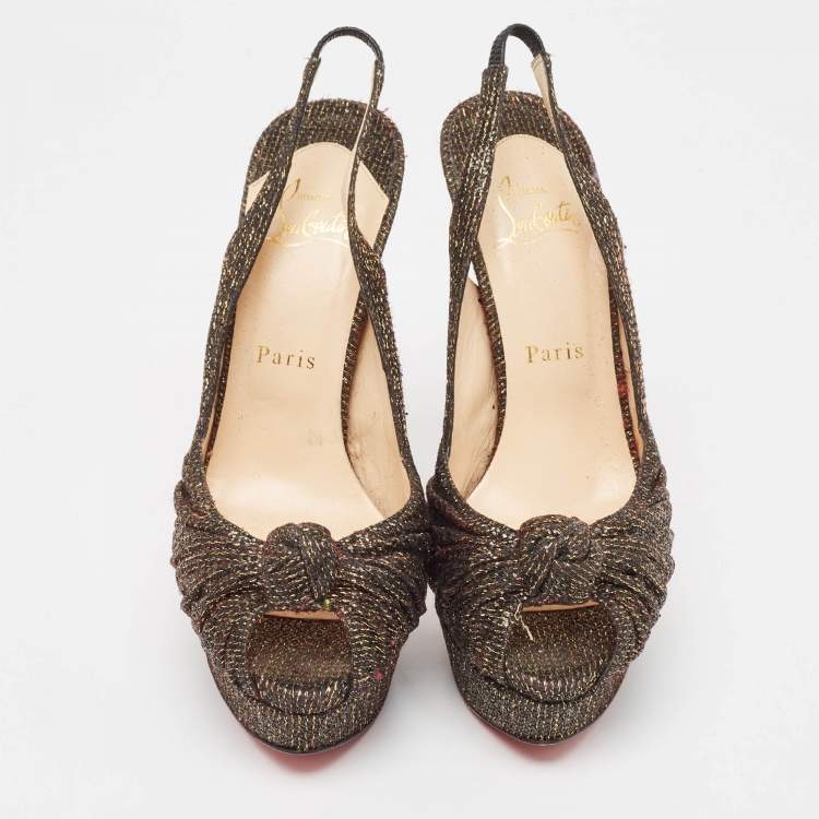 Pre Owned Christian Louboutin Black/Gold Lurex Fabric Jenny Slingback Pumps Size 38.5