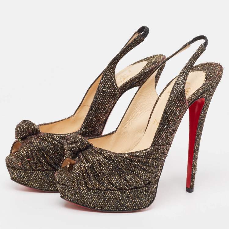 Pre Owned Christian Louboutin Black/Gold Lurex Fabric Jenny Slingback Pumps Size 38.5