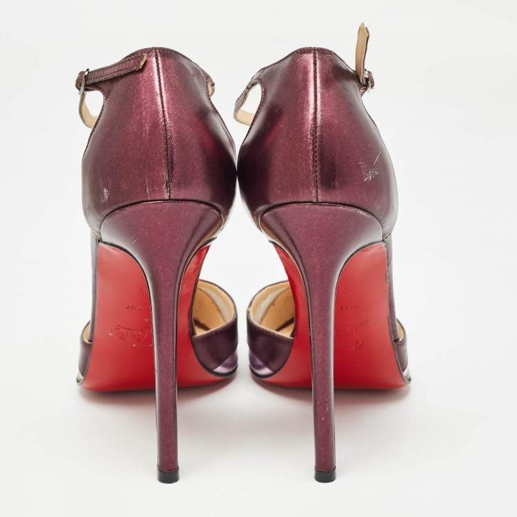 Pre Owned Christian Louboutin Metallic Purple Leather and Mesh T-Strap Pumps Size 37.5