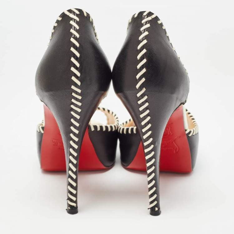 Pre Owned Christian Louboutin Black Leather Whipstitch Detail Peep Toe D'Orsay Pumps Size 37.5