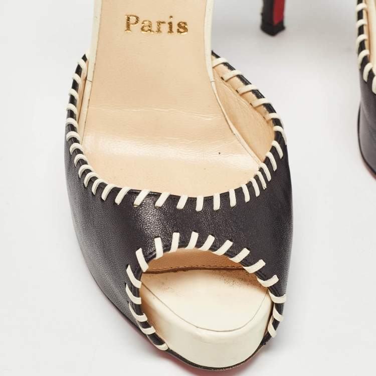 Pre Owned Christian Louboutin Black Leather Whipstitch Detail Peep Toe D'Orsay Pumps Size 37.5
