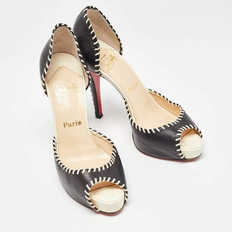 Pre Owned Christian Louboutin Black Leather Whipstitch Detail Peep Toe D'Orsay Pumps Size 37.5
