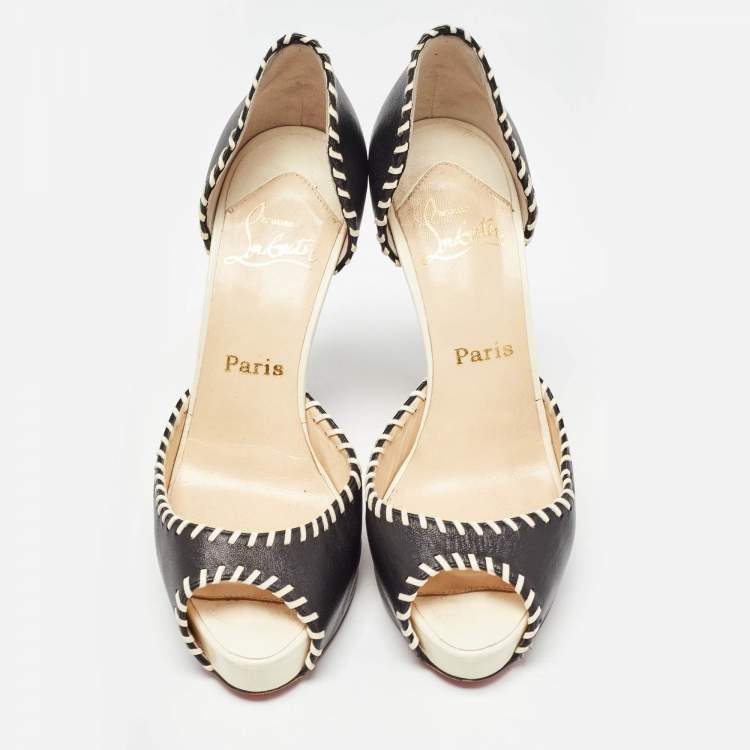 Pre Owned Christian Louboutin Black Leather Whipstitch Detail Peep Toe D'Orsay Pumps Size 37.5