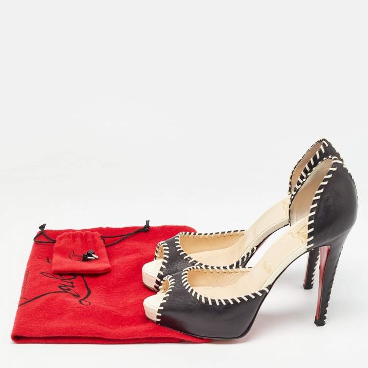 Pre Owned Christian Louboutin Black Leather Whipstitch Detail Peep Toe D'Orsay Pumps Size 37.5