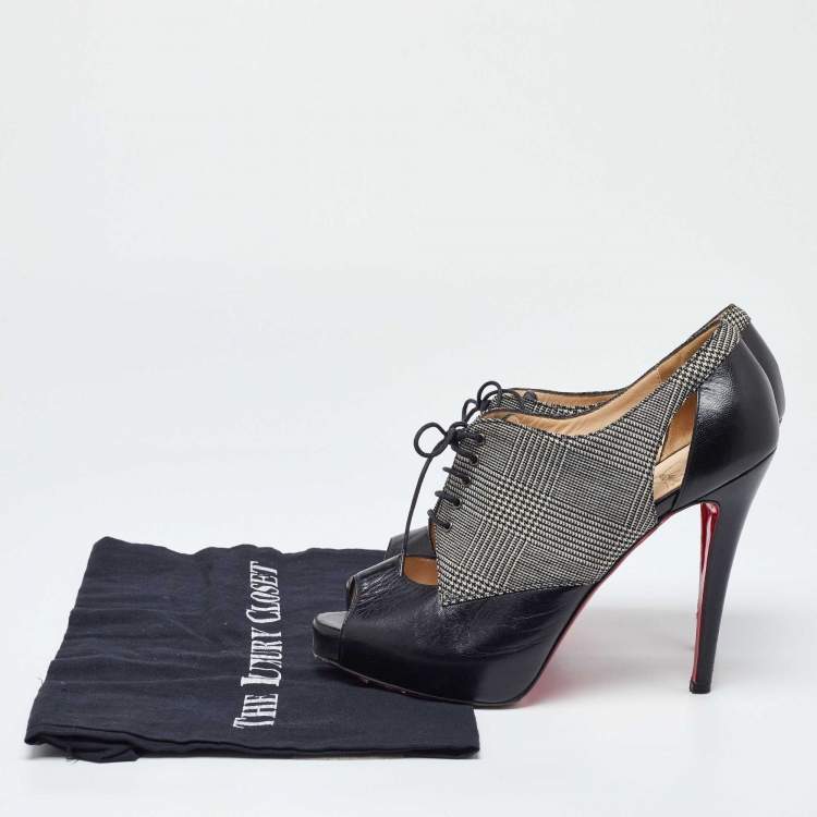 Pre Owned Christian Louboutin Black/White Leather And Tartan Fabric Platform Oxford Booties Size 39.5