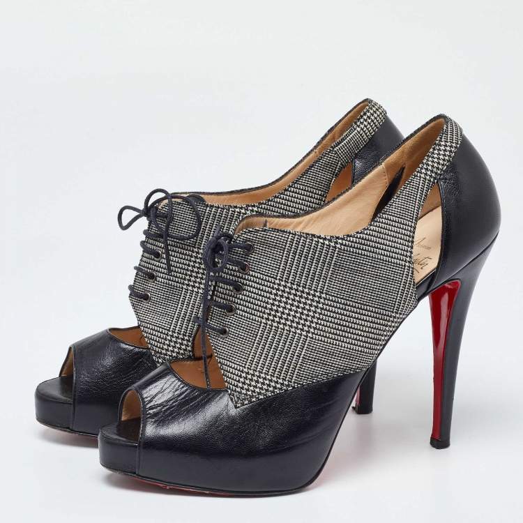 Pre Owned Christian Louboutin Black/White Leather And Tartan Fabric Platform Oxford Booties Size 39.5