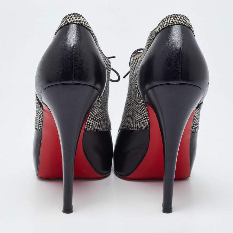 Pre Owned Christian Louboutin Black/White Leather And Tartan Fabric Platform Oxford Booties Size 39.5