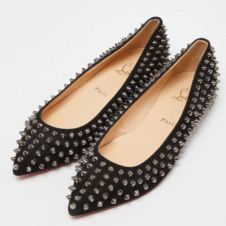 Pre Owned Christian Louboutin Black Suede Pigalle Spikes Ballet Flats Size 38