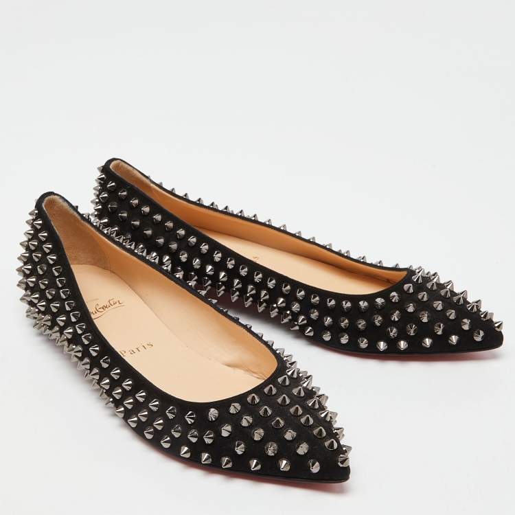 Pre Owned Christian Louboutin Black Suede Pigalle Spikes Ballet Flats Size 38