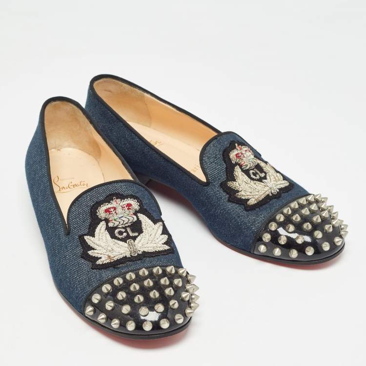 Pre Owned Christian Louboutin Blue Denim Spike Smoking Slippers Size 38.5