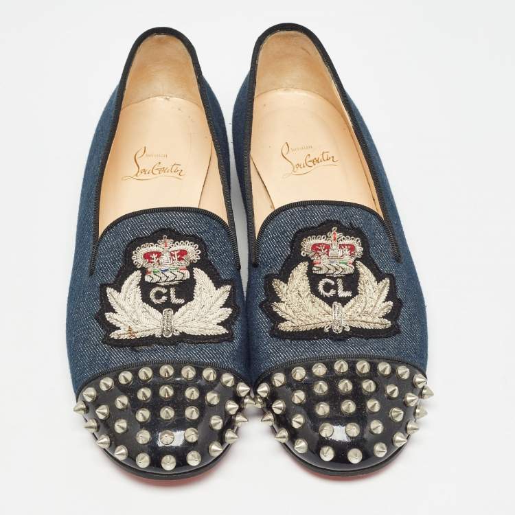 Pre Owned Christian Louboutin Blue Denim Spike Smoking Slippers Size 38.5