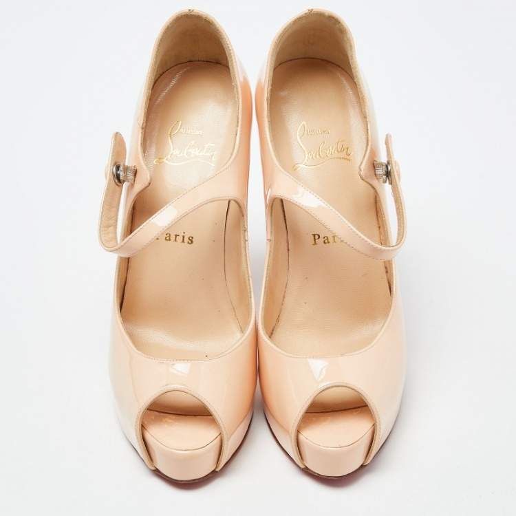 Pre Owned Christian Louboutin Beige Patent Leather Alta Mary Jane Platform Peep Toe Pumps Size 37