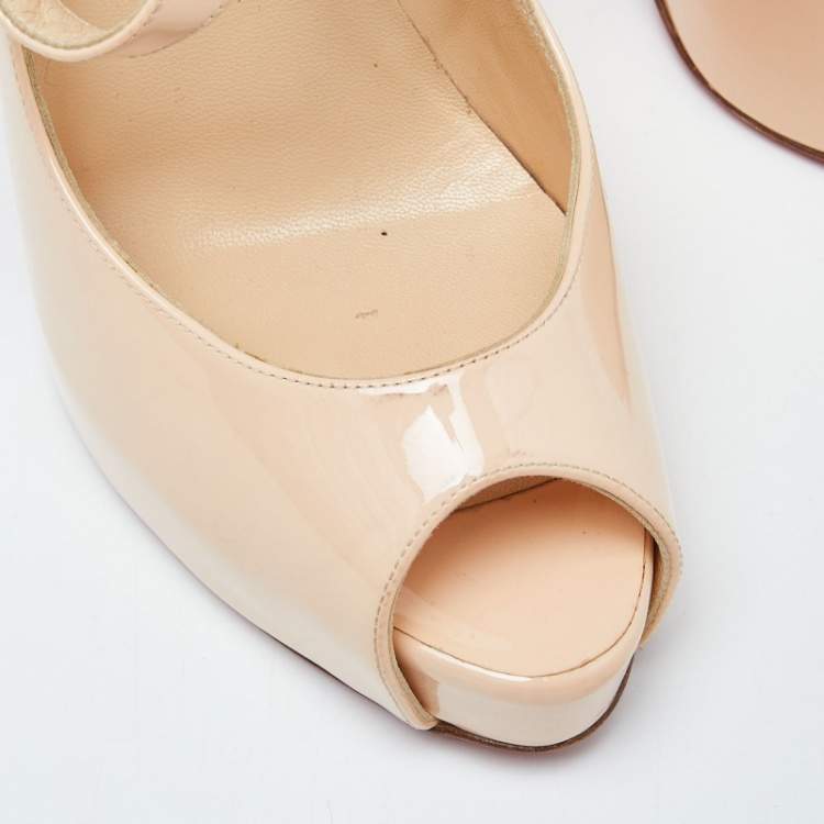 Pre Owned Christian Louboutin Beige Patent Leather Alta Mary Jane Platform Peep Toe Pumps Size 37