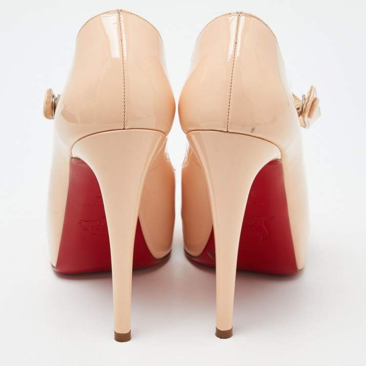 Pre Owned Christian Louboutin Beige Patent Leather Alta Mary Jane Platform Peep Toe Pumps Size 37