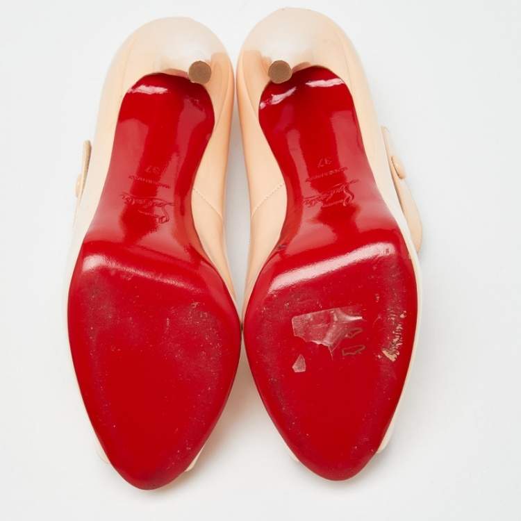 Pre Owned Christian Louboutin Beige Patent Leather Alta Mary Jane Platform Peep Toe Pumps Size 37