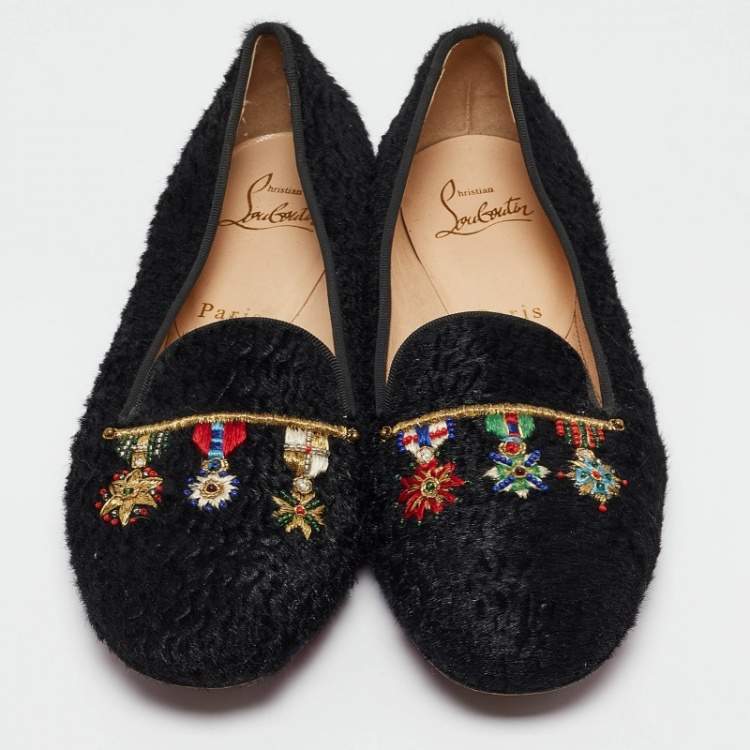 Pre Owned Christian Louboutin Black Persian Lamb Fur Dictateur Smoking Slippers Size 36.5