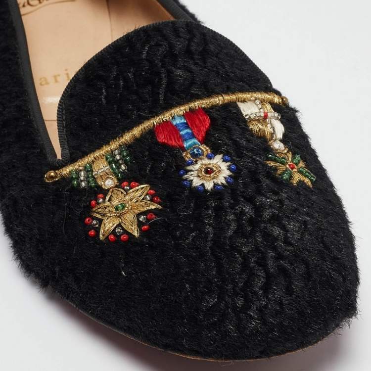 Pre Owned Christian Louboutin Black Persian Lamb Fur Dictateur Smoking Slippers Size 36.5