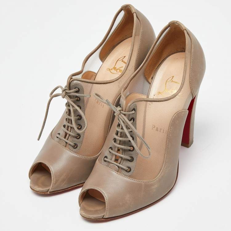 Christian Louboutin Beige Mesh and Leather Flannel Lady Peep Toe Lace Up Oxford Booties Size 38.5 Christian Louboutin TLC