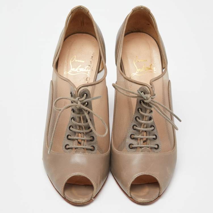 Pre Owned Christian Louboutin Beige Mesh and Leather Flannel Lady Peep Toe Lace Up Oxford Booties Size 38.5