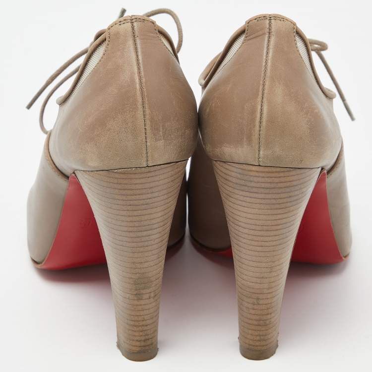 Pre Owned Christian Louboutin Beige Mesh and Leather Flannel Lady Peep Toe Lace Up Oxford Booties Size 38.5