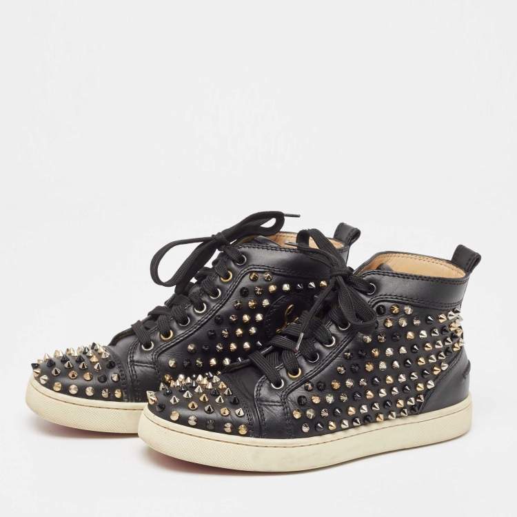 Pre Owned Christian Louboutin Black Leather Louis Spikes Sneakers Size 37.5