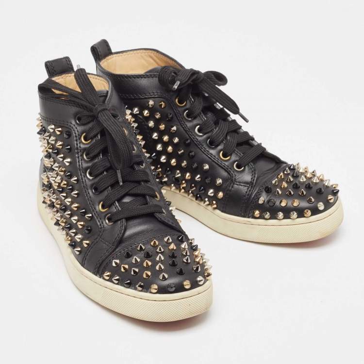 Pre Owned Christian Louboutin Black Leather Louis Spikes Sneakers Size 37.5