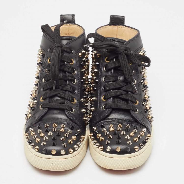 Pre Owned Christian Louboutin Black Leather Louis Spikes Sneakers Size 37.5