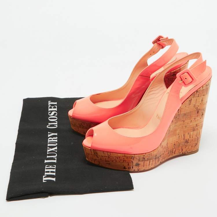 Pre Owned Christian Louboutin Neon Peach Patent Leather Une Plume Wedge Slingback Pumps Size 38