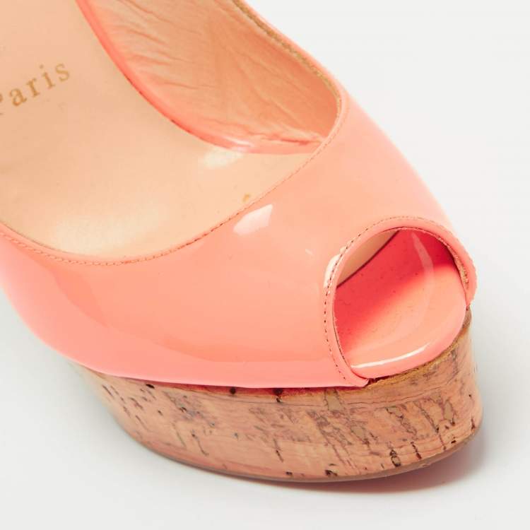Pre Owned Christian Louboutin Neon Peach Patent Leather Une Plume Wedge Slingback Pumps Size 38
